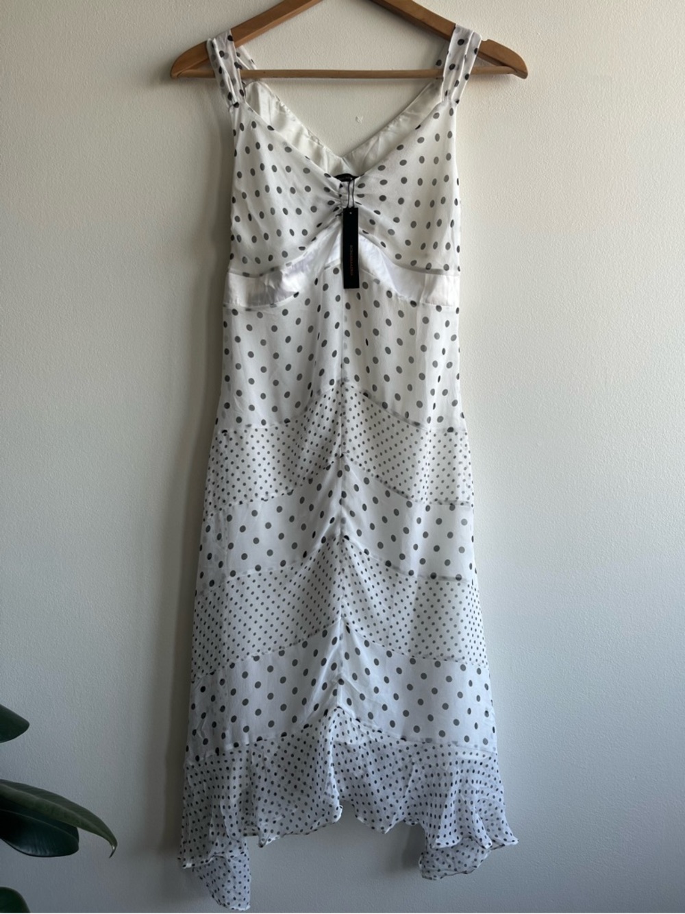 BCBGMaxAzria White and Gray Polka Dot Midi Dress